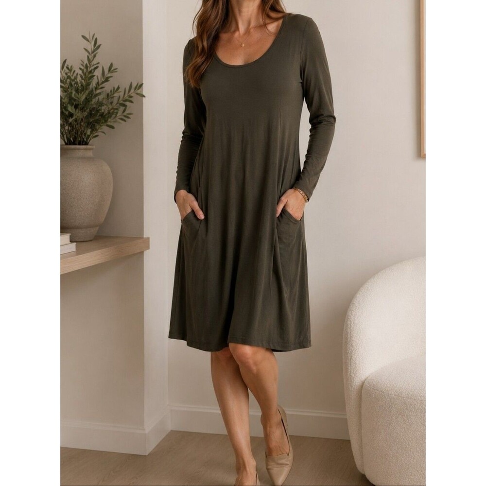 Pistachio Green Tunic Dress S L/S Casual T-shirt Dress Pockets Earth Girl Bohemi